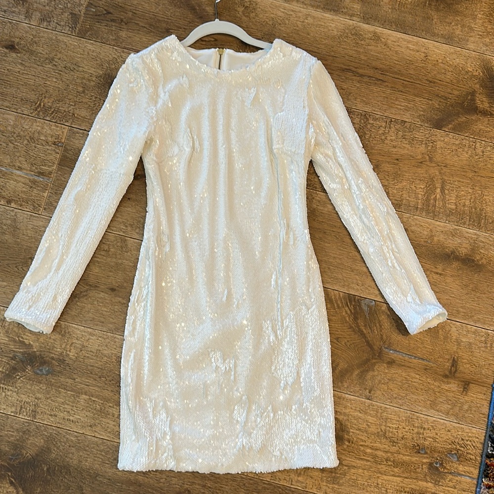 Dress the Population White Korkova Mini Dress Sequins Long Sleeves Small